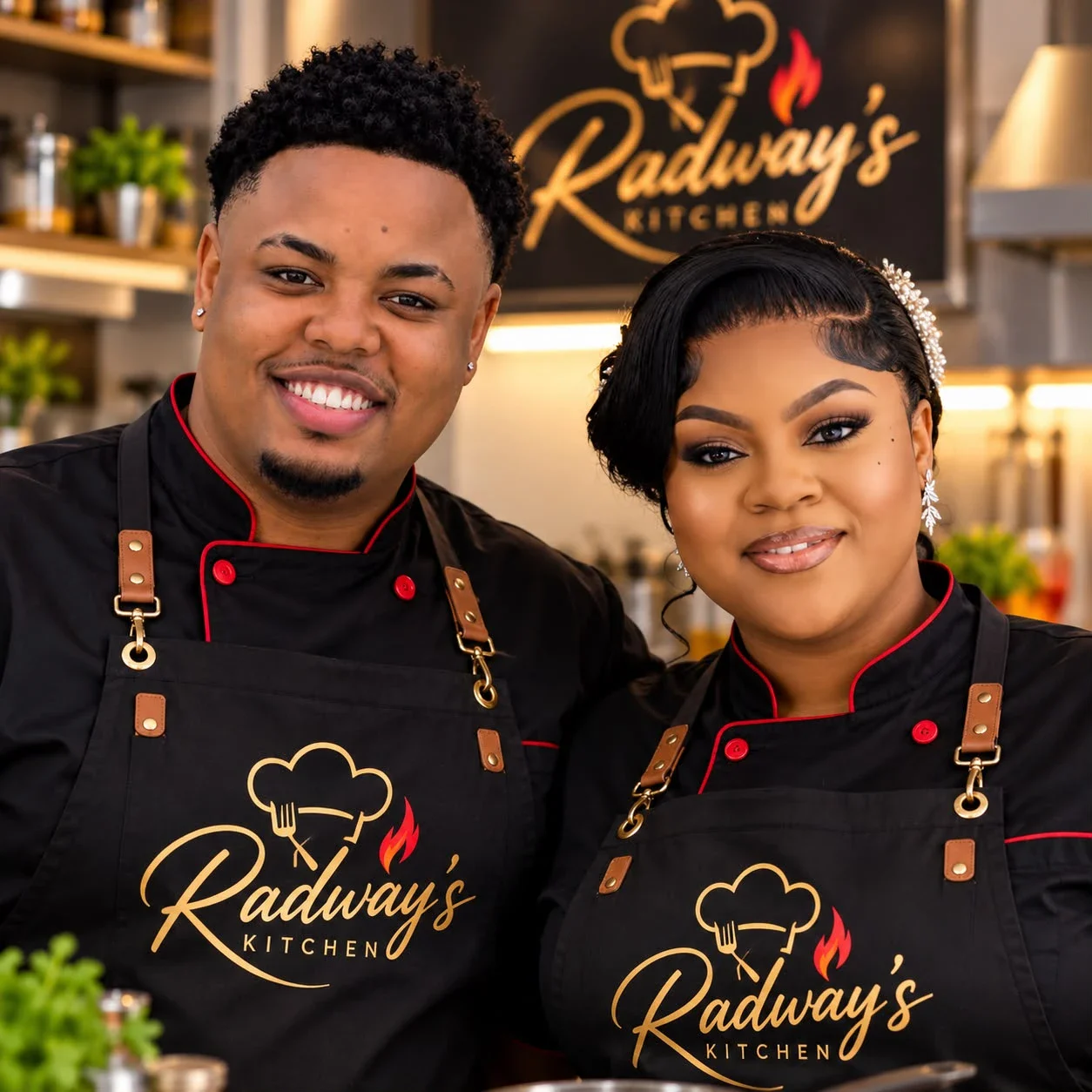 The chefs of Radway's Kitchen, a husband and wife, smiling in black chef jackets and Radway's Kitchen aprons