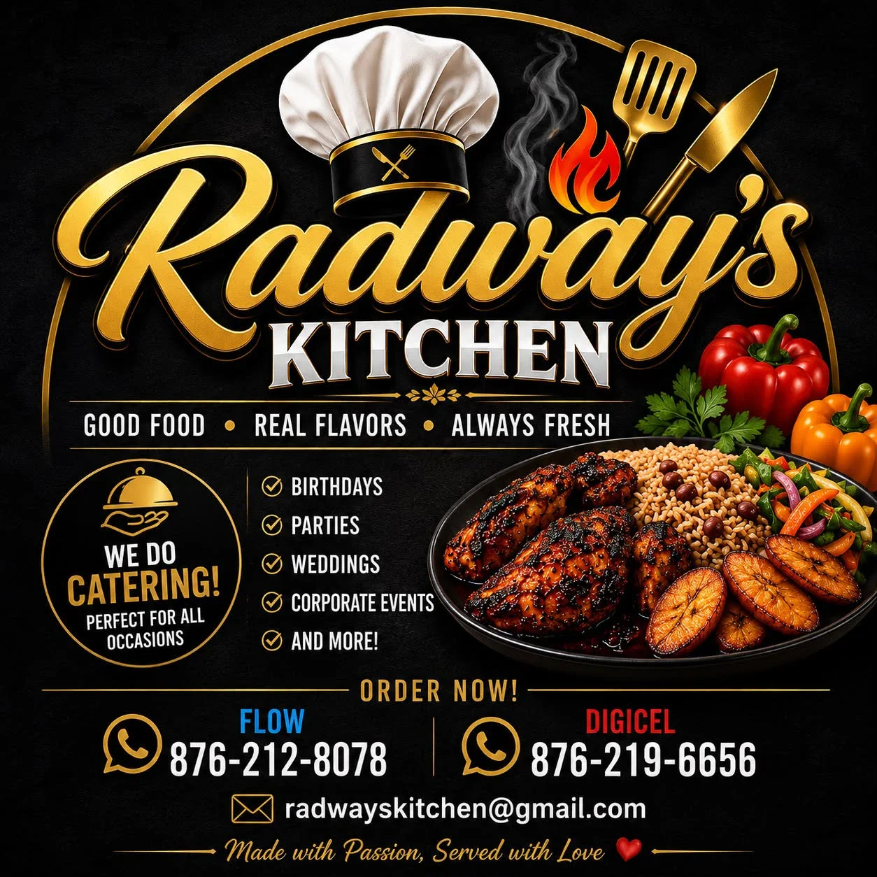 Radway's Kitchen flyer: we do catering for birthdays, parties, weddings, corporate events and more.